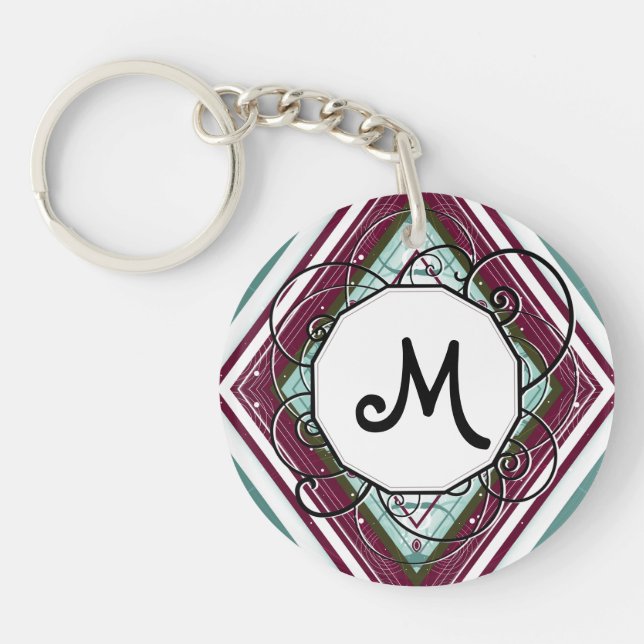 Plum and Teal Diamond Modern-Retro with Monogram Keychain (Front)