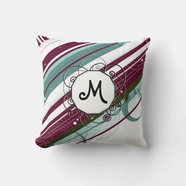 Plum and Teal Modern-Retro Stripes with Monogram Throw Pillow (Front)