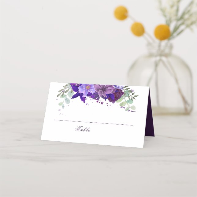 Plum and Violet Purple Floral Elegant Wedding Place Card (Front)