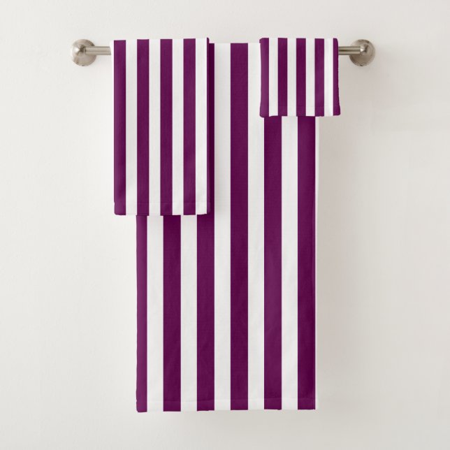 Plum and white candy stripes bath towel set (Insitu)