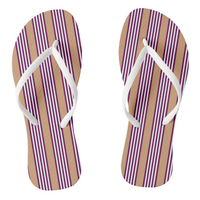 Plum and white five stripes pattern with tan flip flops (Footbed)