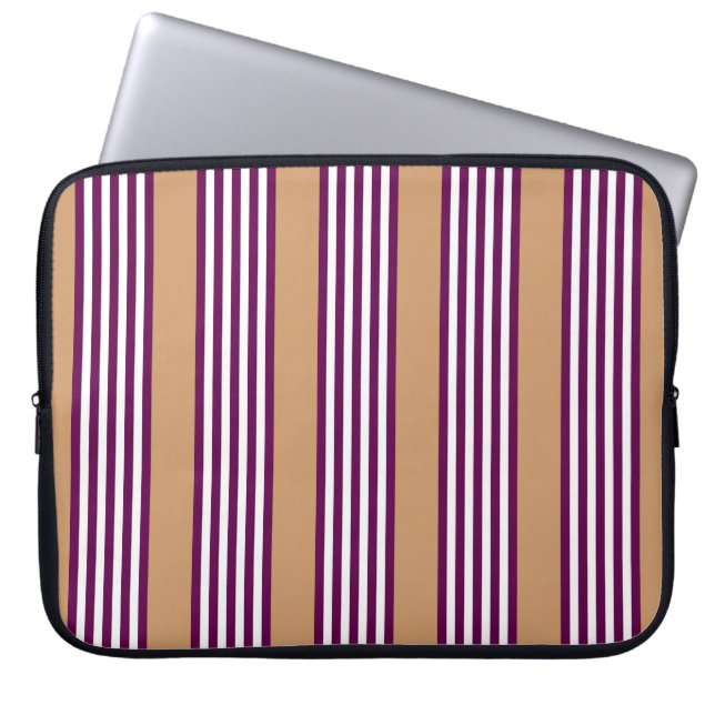 Plum and white five stripes pattern with tan laptop sleeve (Front)