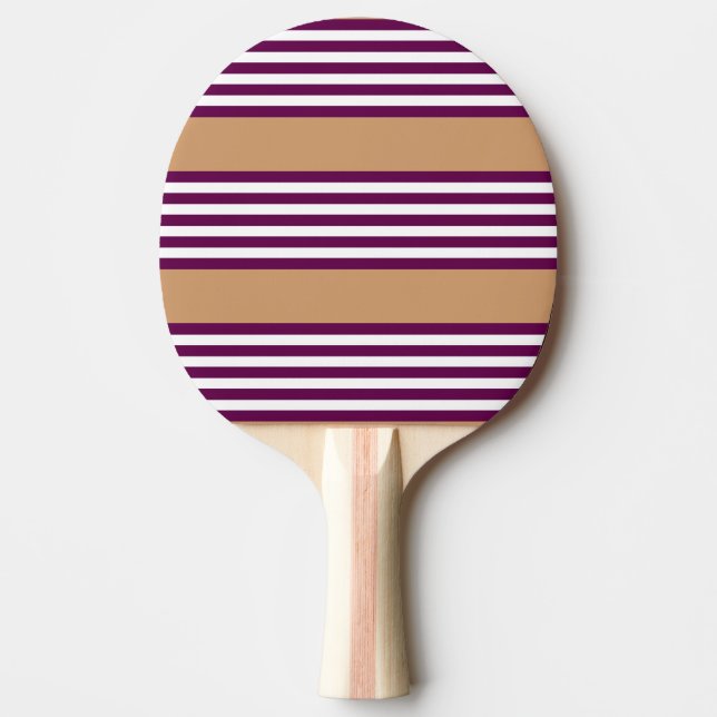 Plum and white five stripes pattern with tan ping pong paddle (Front)