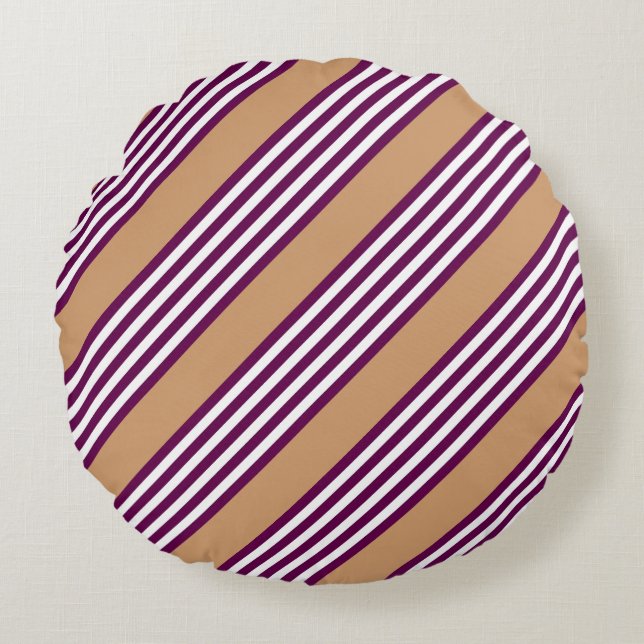 Plum and white five stripes pattern with tan round pillow (Front)