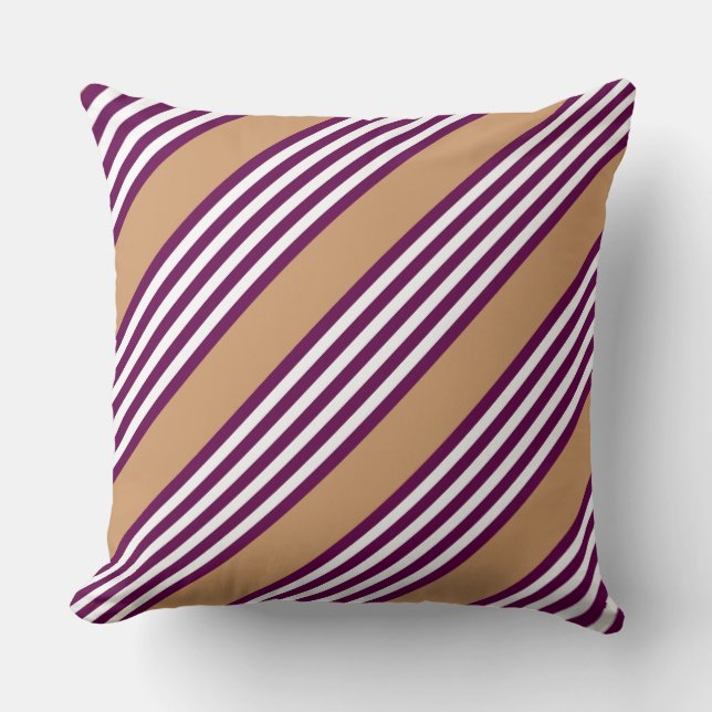 Plum and white five stripes pattern with tan throw pillow (Front)