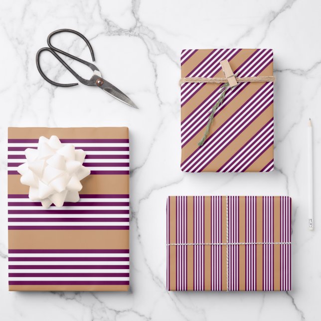 Plum and white five stripes pattern with tan wrapping paper sheet (Front)