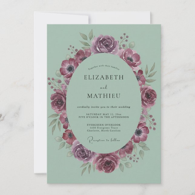 Plum Anemone Wreath Wedding Invitation (Front)