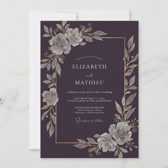 Plum Antique Silver Vine Wedding Invitation (Front)