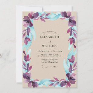 Plum Aqua Foliage Grey Eucalyptus Wedding Invitation