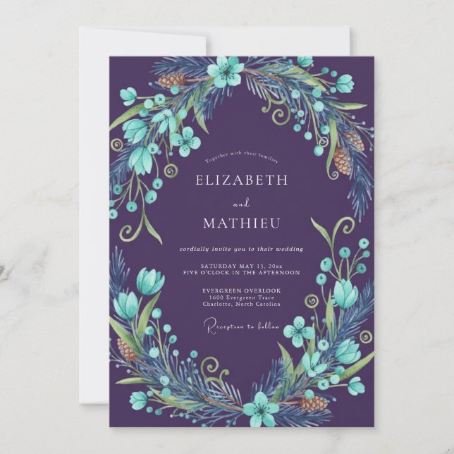 Plum Aqua Wreath Wedding Invitation (Front)