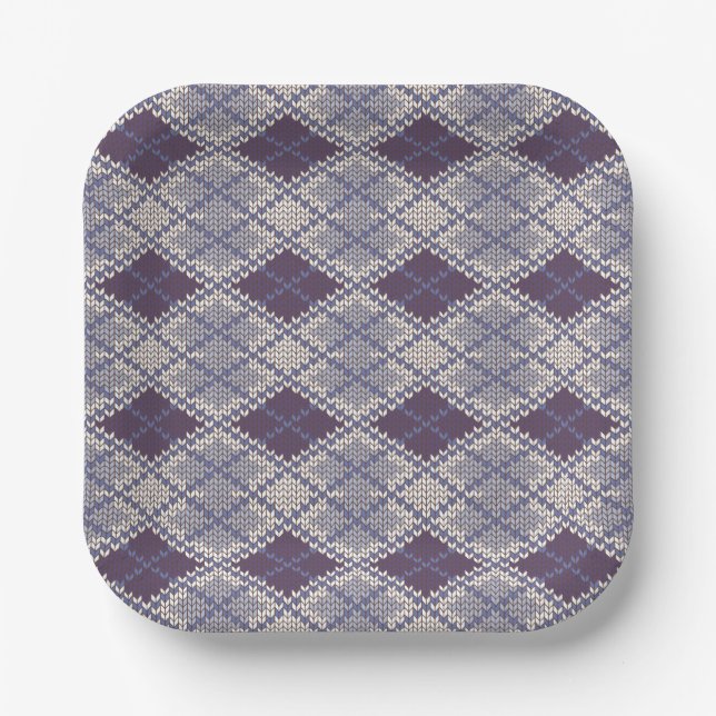 PLUM ARGYLE KNIT 7" Square Paper Plates (Front)
