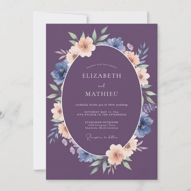 Plum Artistic Floral Romance Wedding Invitation (Front)