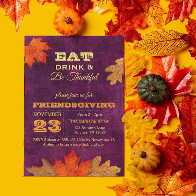 Plum Autumn Leaves Eat Drink and Be Thankful Invitation (Creator Uploaded)