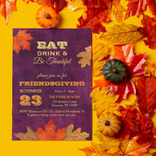 Plum Autumn Leaves Eat Drink & Be Thankful Invitation
