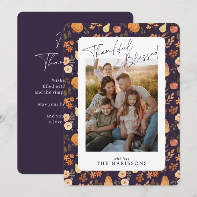 Plum autumn patterned Thanksgiving  photo card (Front/Back)