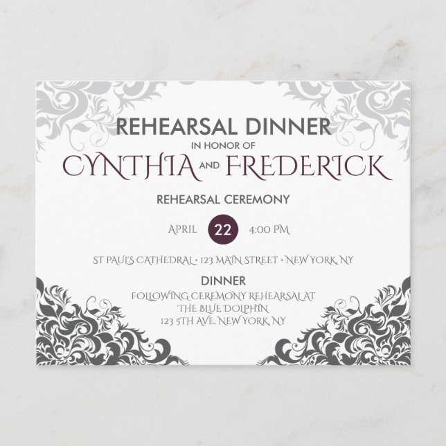 Plum Baroque Chandelier Wedding Rehearsal Dinner Invitation Postcard (Front)