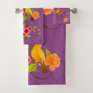 Plum - Bird & Yellow Rose Bath Towel Set
