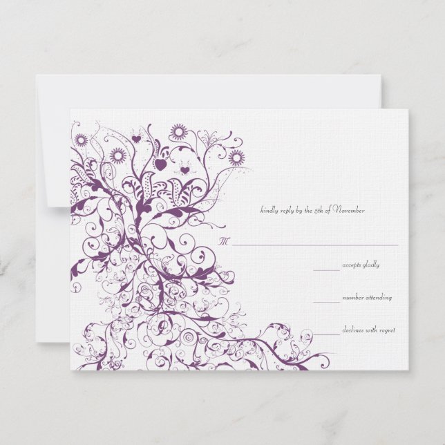 Plum Birds & Swirls Wedding RSVP Response Cartes (Devant)