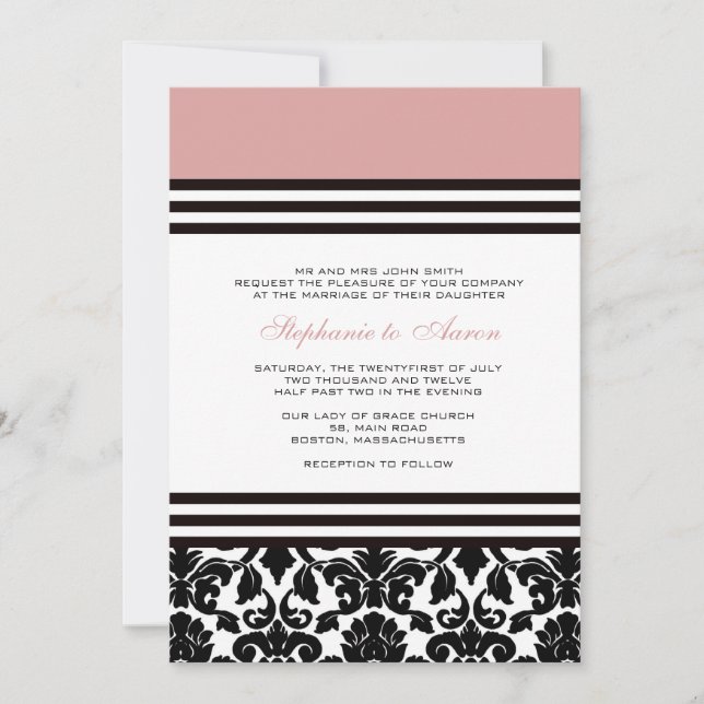 Plum Black and White Damask Wedding Invitation (Front)