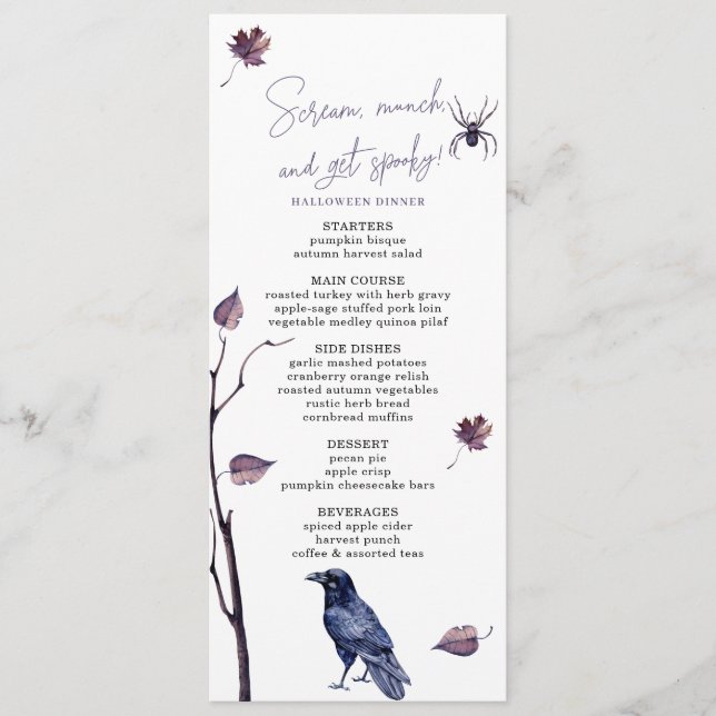 PLUM BLACK CROW SPIDER AUTUMN LEAVES HALLOWEEN  MENU (Front)