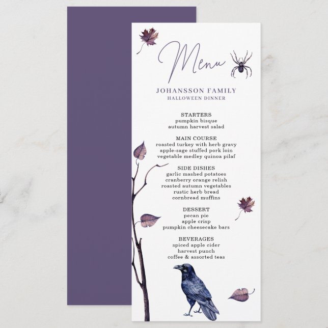 PLUM BLACK CROW SPIDER AUTUMN LEAVES HALLOWEEN  MENU (Front/Back)