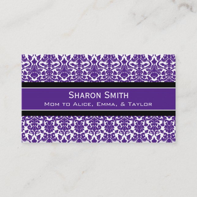 Plum Black Damask Retro Mom Calling Cards (Front)