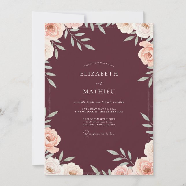 Plum Bloom Leafy Wedding Invitation (Front)