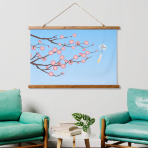 Plum Blossom and Glass Wind Chime on Light Blue Hanging Tapestry