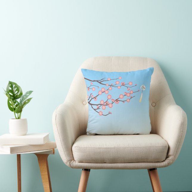 Plum Blossom and Glass Wind Chime on Light Blue Throw Pillow (Chair)