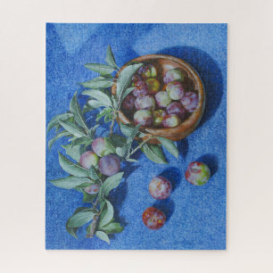 Plum Blossom Branches on Blue Background Painting Jigsaw Puzzle