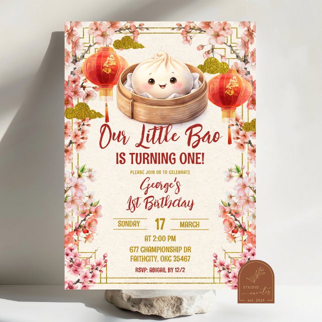  Plum Blossom Chinese Bao 1st Birthday Invitation (Creator Uploaded)