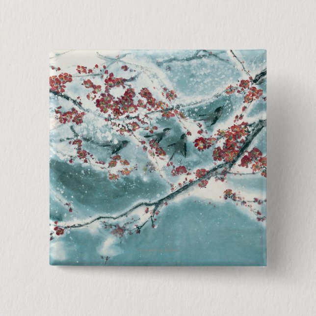 Plum Blossom in Snow 2 Inch Square Button (Front)