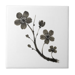 Plum Blossom Line Art – Botanical Design on Tile
