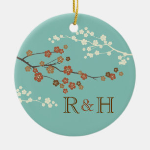Plum Blossom Monogram Custom Ornament Teal Blue