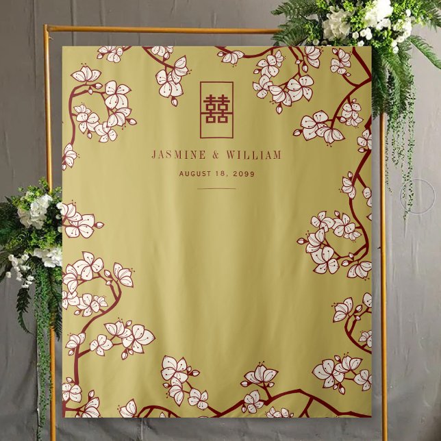 Plum Blossoms Double Xi Chinese Wedding Backdrop Tapestry (Creator Uploaded)