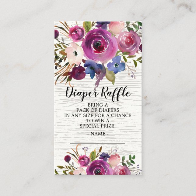 Plum Blue Floral Baby Shower Diaper Raffle Ticket Enclosure Card (Front)