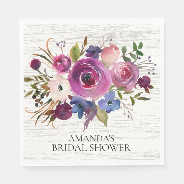 Plum Blue Floral Bridal Shower Paper Napkins (Front)