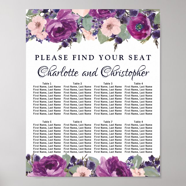 Plum Blush Floral 8-Table Wedding Seating Chart (Front)