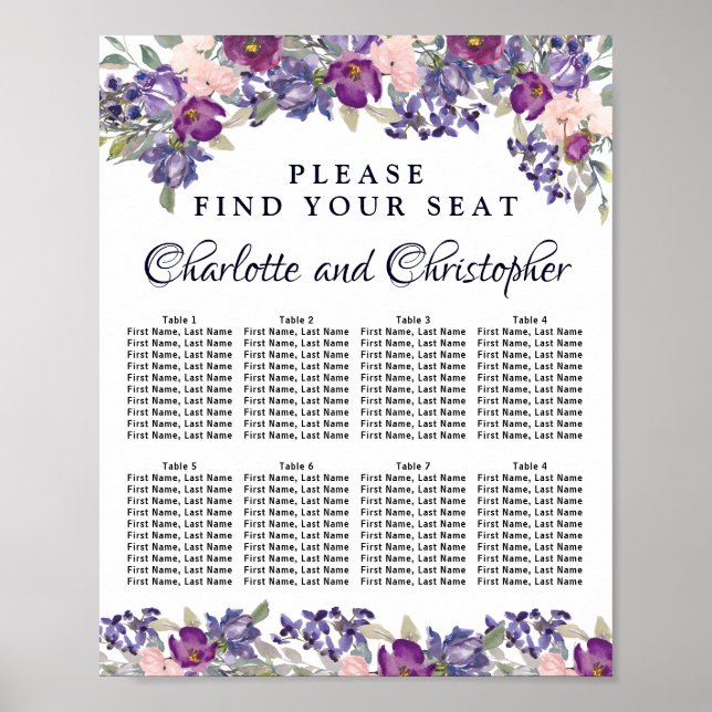 Plum Blush Floral 8-Table Wedding Seating Chart (Front)