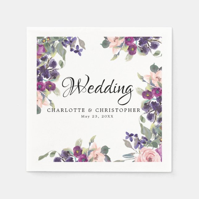 Plum Blush Floral Personalized Wedding Napkin (Front)