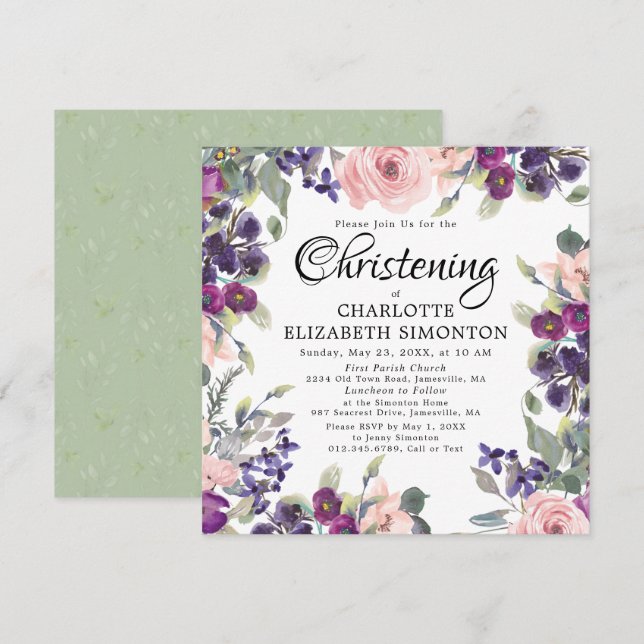 Plum Blush Floral Square Christening Invitations (Front/Back)