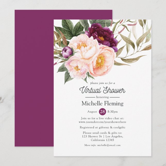 Plum & Blush Floral Virtual Baby or Bridal Shower Invitation (Front/Back)