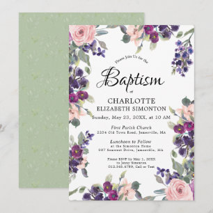 Plum Blush Purple Floral Baptism Invitation