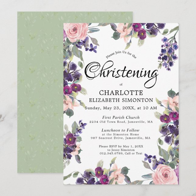 Plum Blush Purple Floral Christening Invitation (Devant / Derrière)