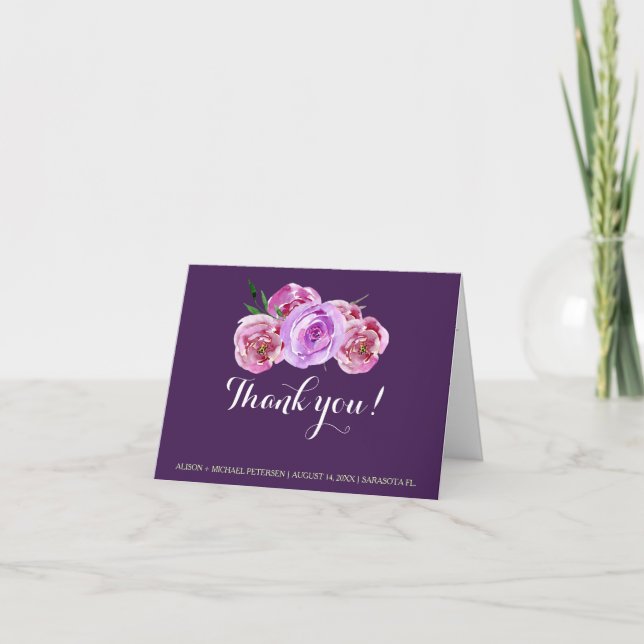 Plum blush violet peonies wedding thank you card (Front)