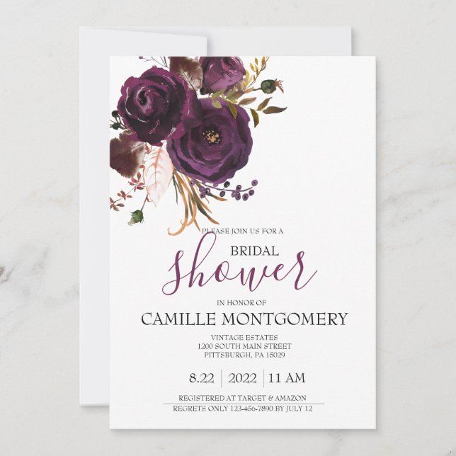 Plum Bohème Rose Invitation à la douche nuptiale (Devant)