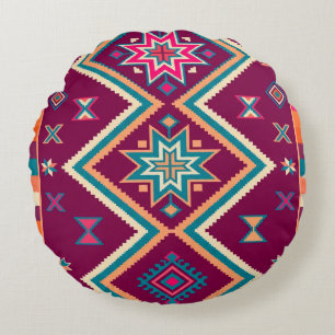 Plum Boho Southwestern Geometric Folk Art Pattern Round Pillow