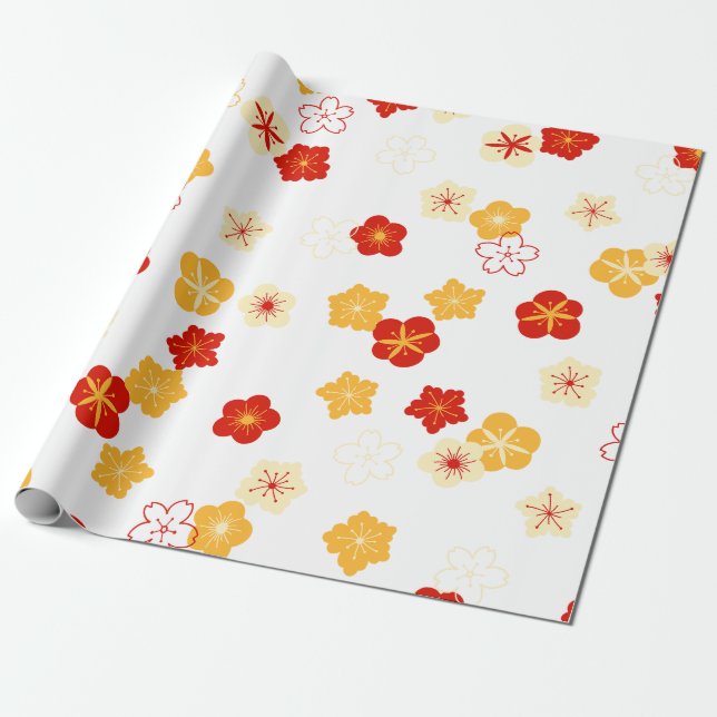Plum Bossom Flower Chinese New Year Pattern Wrapping Paper (Unrolled)