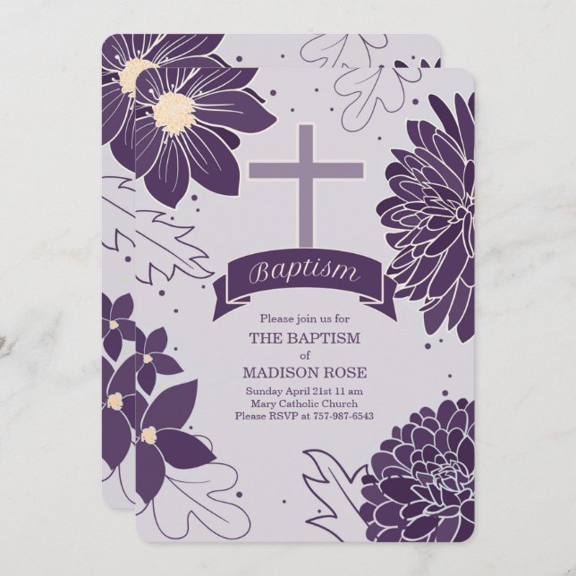 Plum Botanicals for Girls with Cross Baptism Invitation (Front/Back)