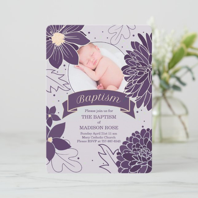 Plum Botanicals for Girls with Photo Baptism Invitation (Standing Front)